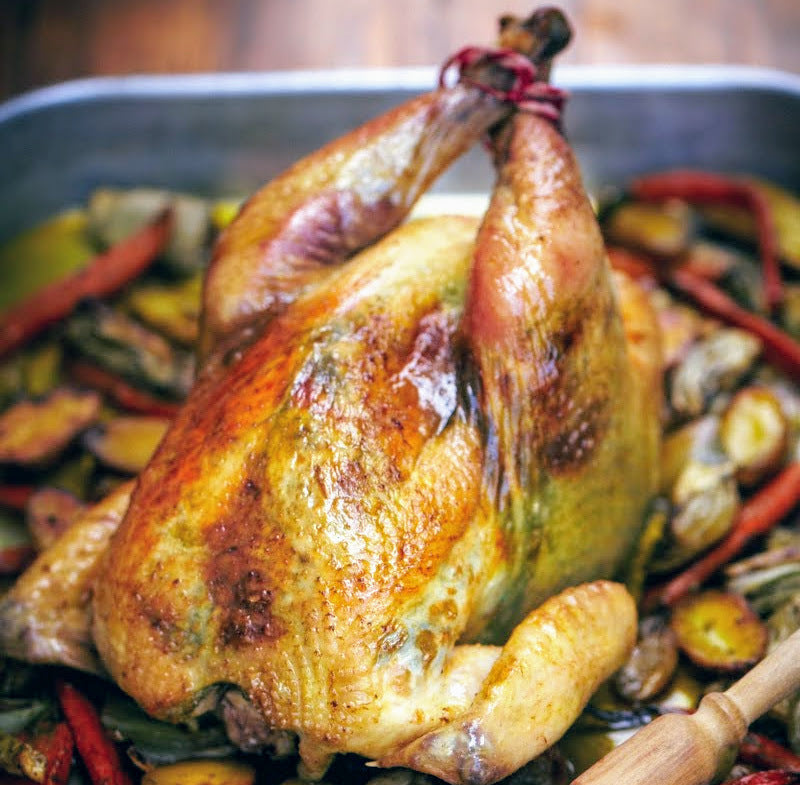 A roasted chicken on a baking tray, atop a bed of vegetables